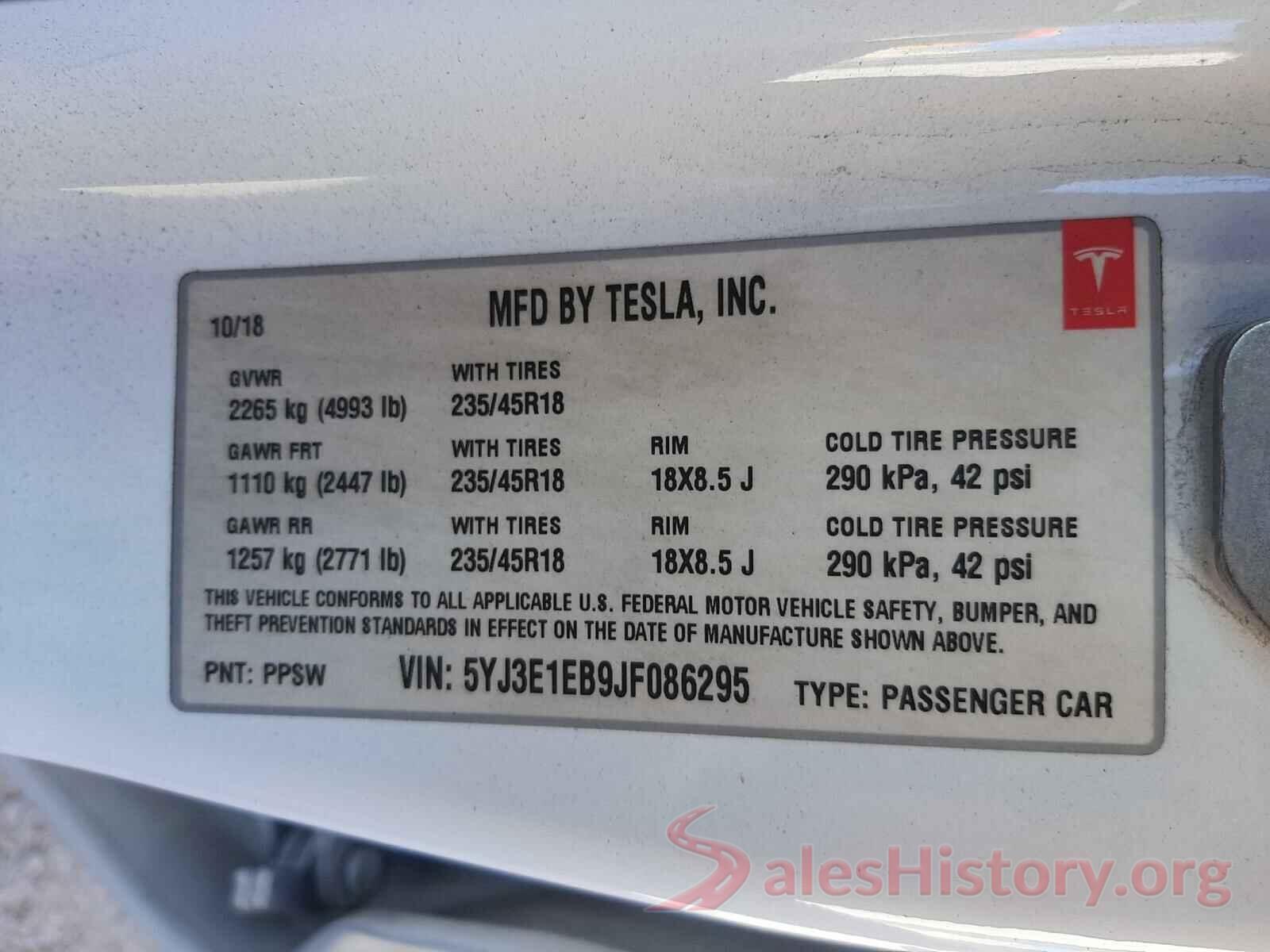 5YJ3E1EB9JF086295 2018 TESLA MODEL 3