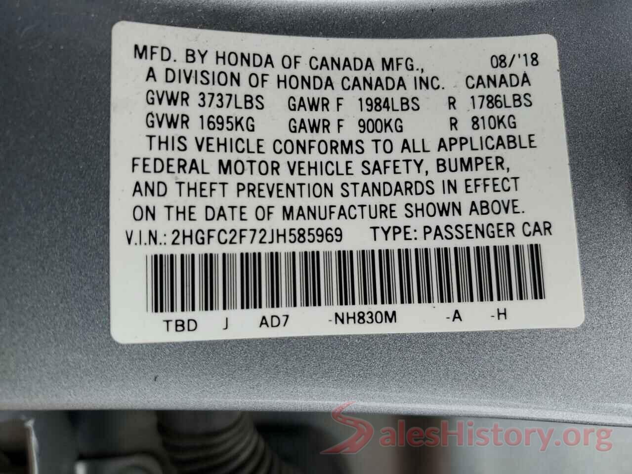 2HGFC2F72JH585969 2018 HONDA CIVIC