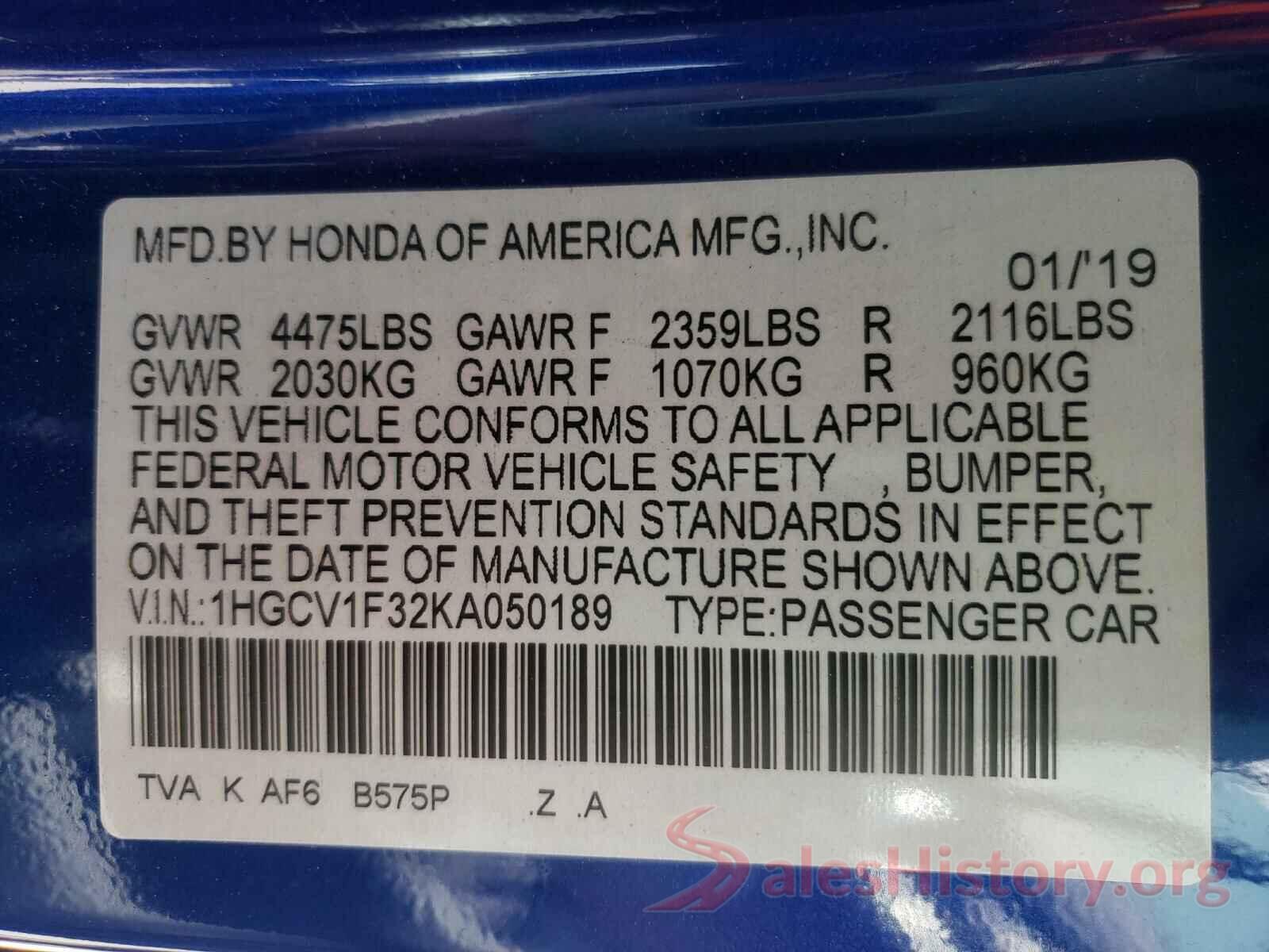 1HGCV1F32KA050189 2019 HONDA ACCORD