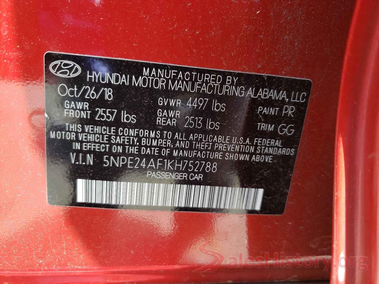 5NPE24AF1KH752788 2019 HYUNDAI SONATA