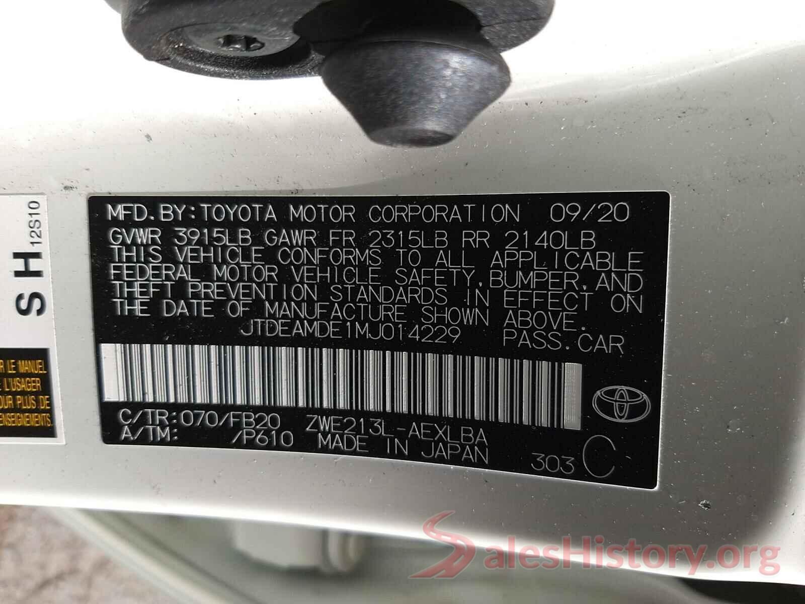 JTDEAMDE1MJ014229 2021 TOYOTA COROLLA