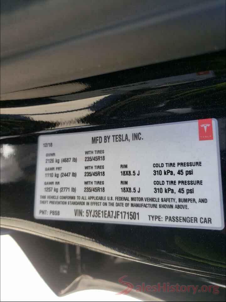 5YJ3E1EA7JF171501 2018 TESLA MODEL 3