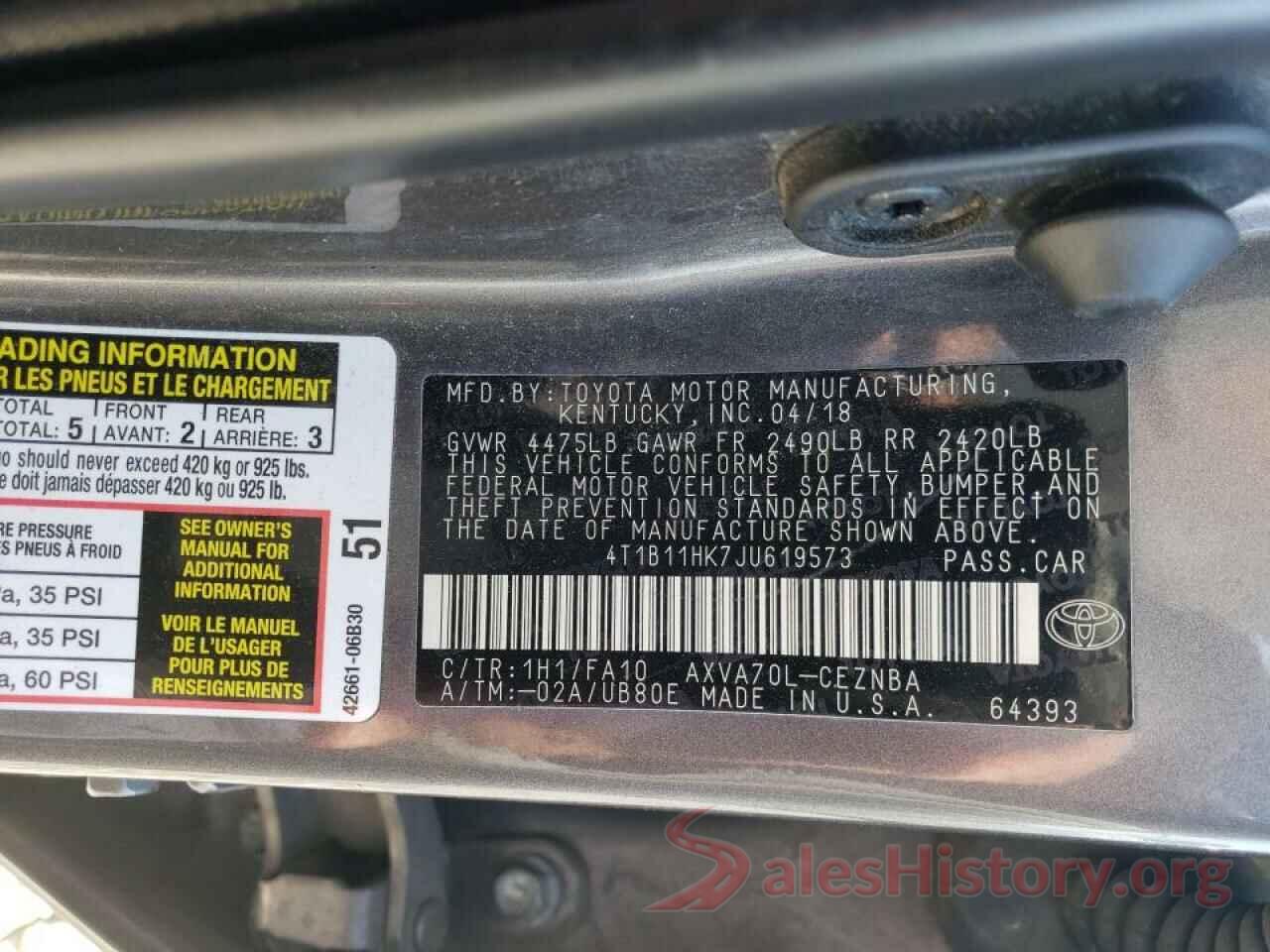 4T1B11HK7JU619573 2018 TOYOTA CAMRY