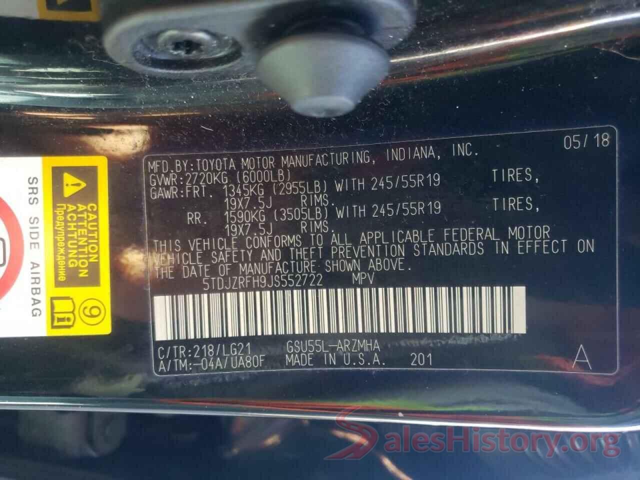 5TDJZRFH9JS552722 2018 TOYOTA HIGHLANDER