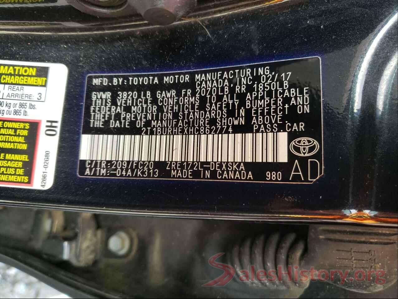 2T1BURHEXHC862774 2017 TOYOTA COROLLA