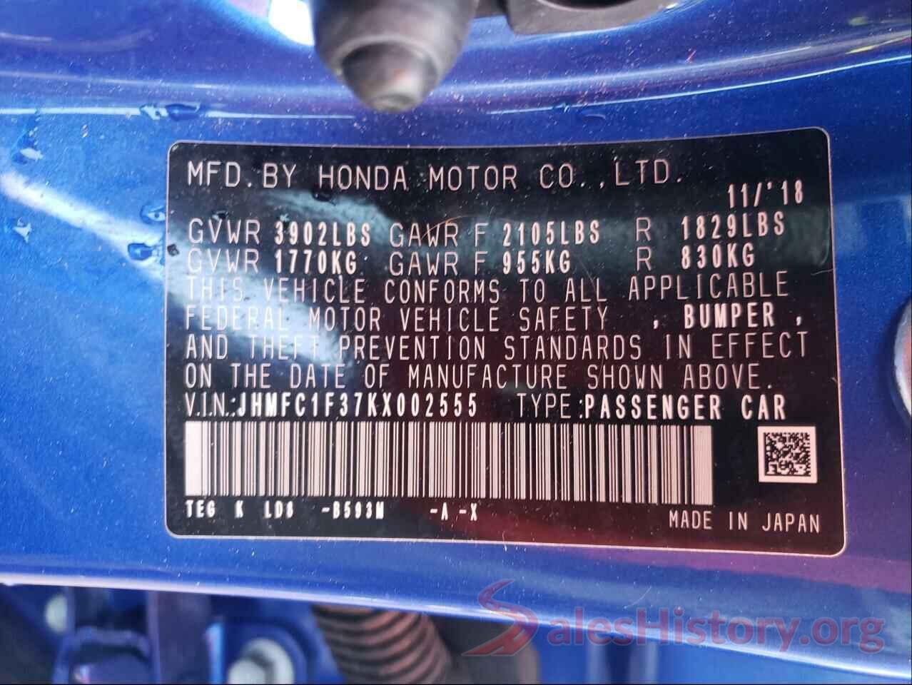 JHMFC1F37KX002555 2019 HONDA CIVIC