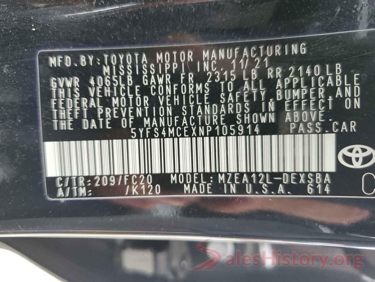 5YFS4MCEXNP105914 2022 TOYOTA COROLLA