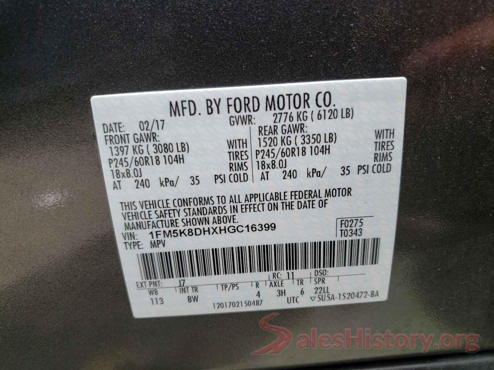 1FM5K8DHXHGC16399 2017 FORD EXPLORER