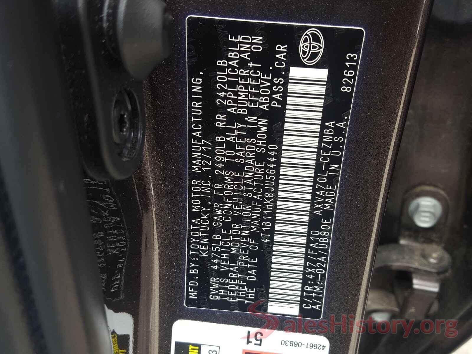 4T1B11HK8JU564440 2018 TOYOTA CAMRY