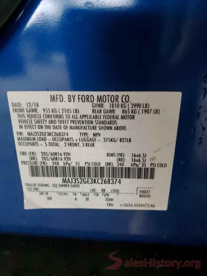 MAJ3S2GE3KC268374 2019 FORD ECOSPORT