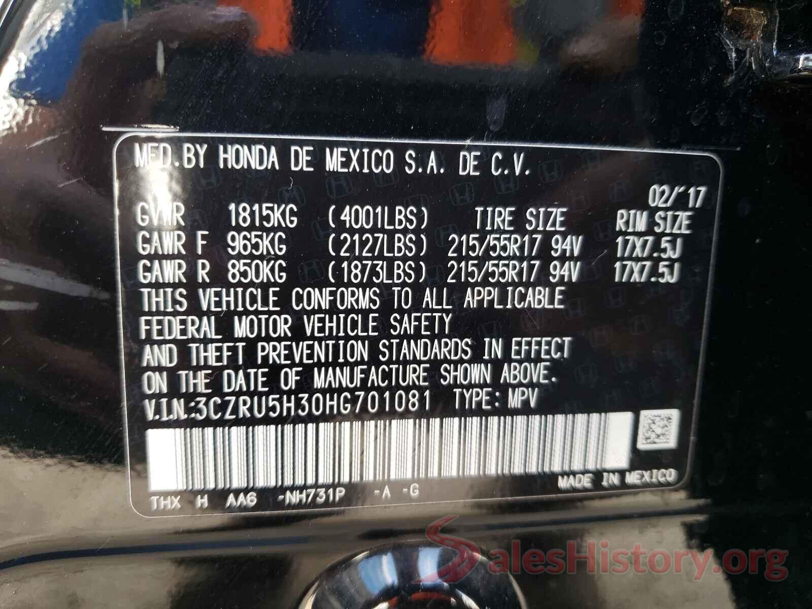 3CZRU5H30HG701081 2017 HONDA HR-V