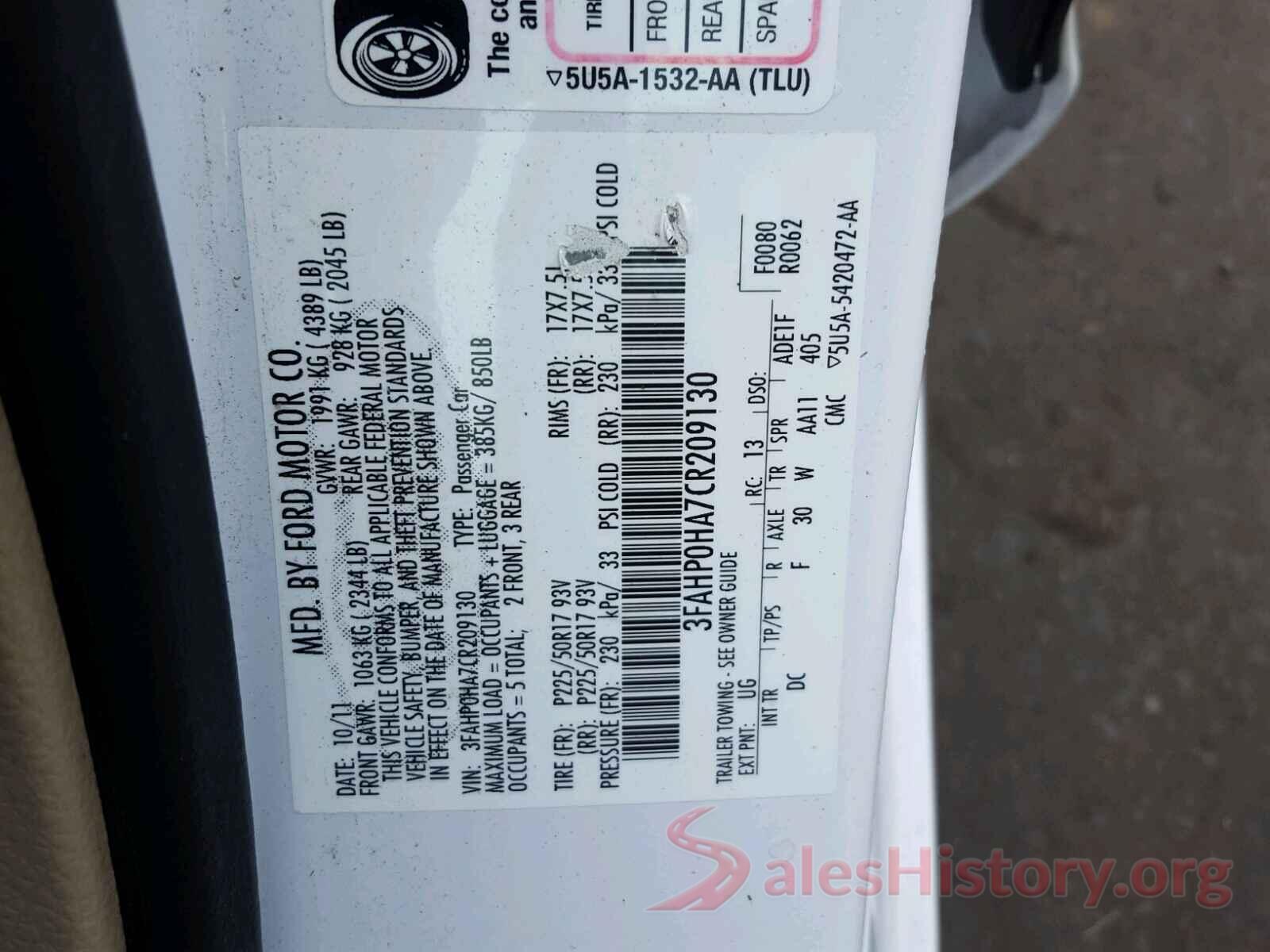 3FAHP0HA7CR209130 2012 FORD FUSION