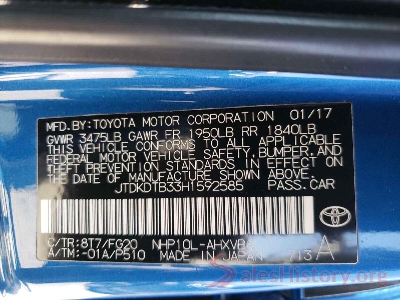 JTDKDTB33H1592585 2017 TOYOTA PRIUS