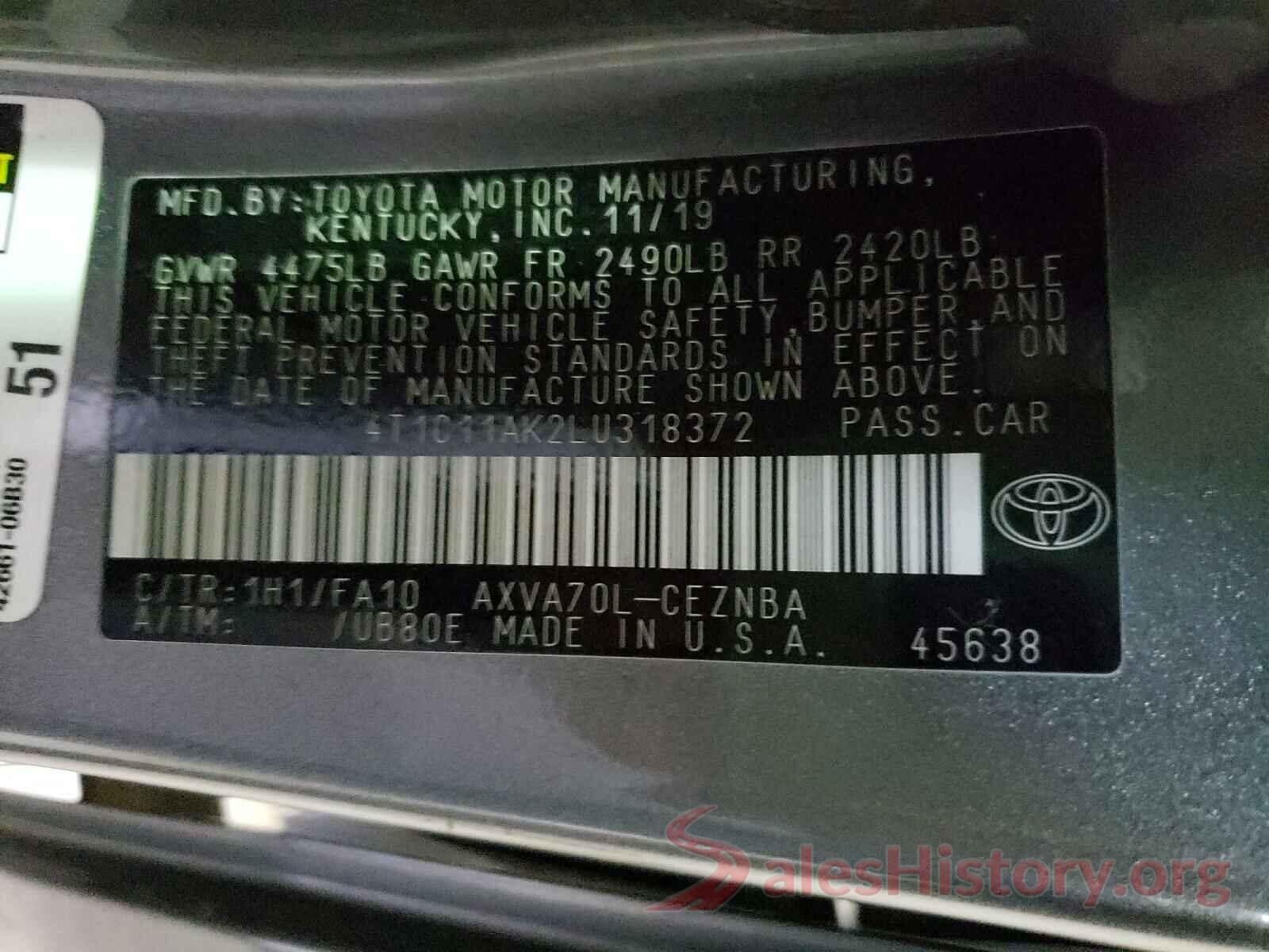 4T1C11AK2LU318372 2020 TOYOTA CAMRY