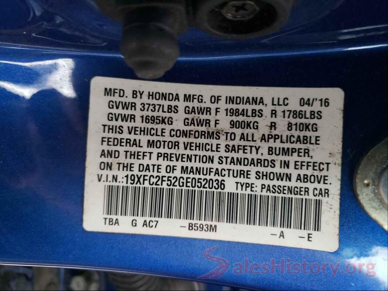 19XFC2F52GE052036 2016 HONDA CIVIC