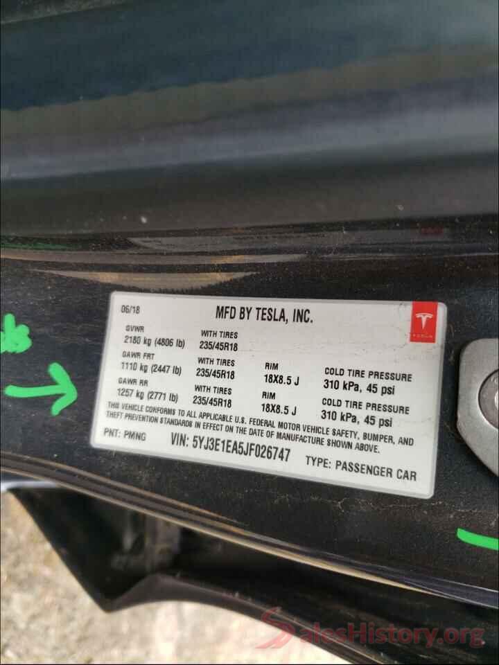 5YJ3E1EA5JF026747 2018 TESLA MODEL 3