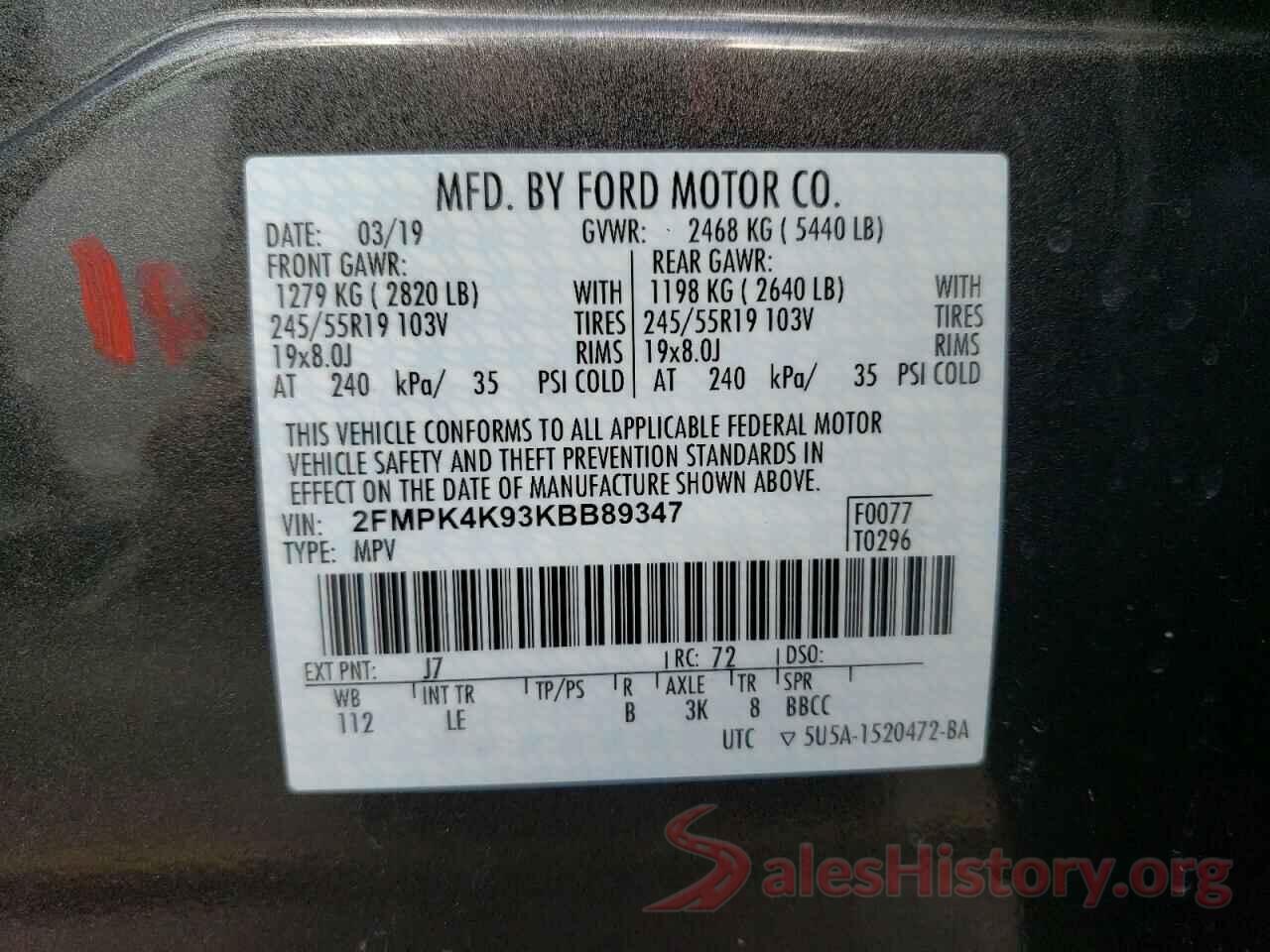 2FMPK4K93KBB89347 2019 FORD EDGE