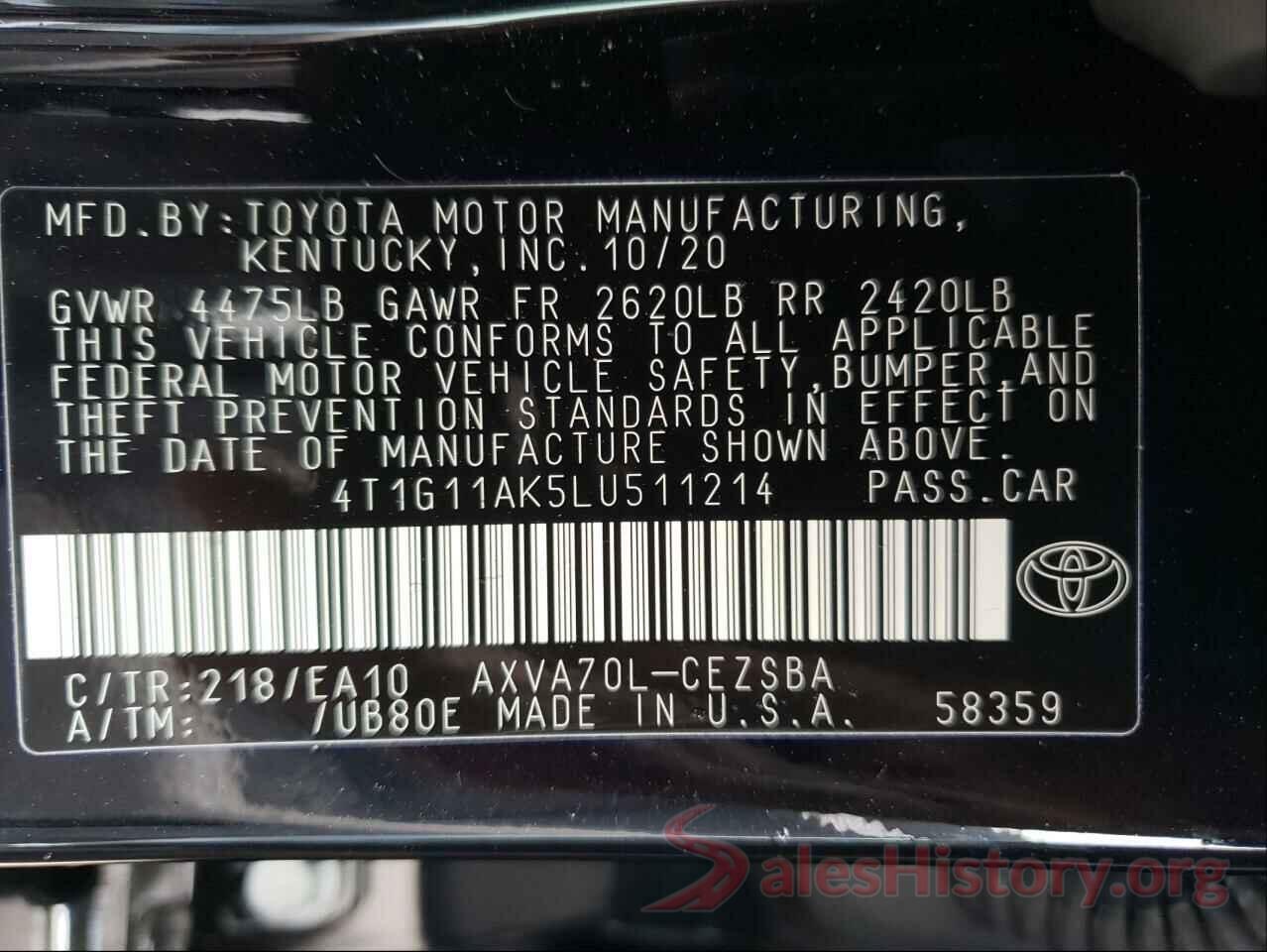 4T1G11AK5LU511214 2020 TOYOTA CAMRY