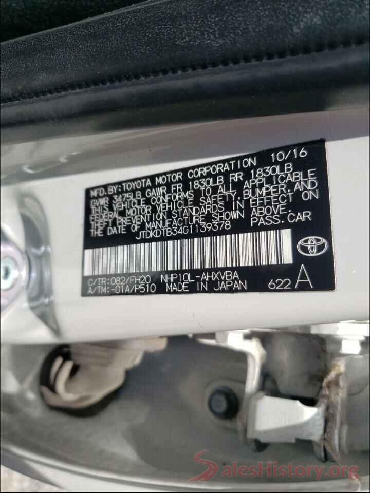 JTDKDTB34G1139378 2016 TOYOTA PRIUS