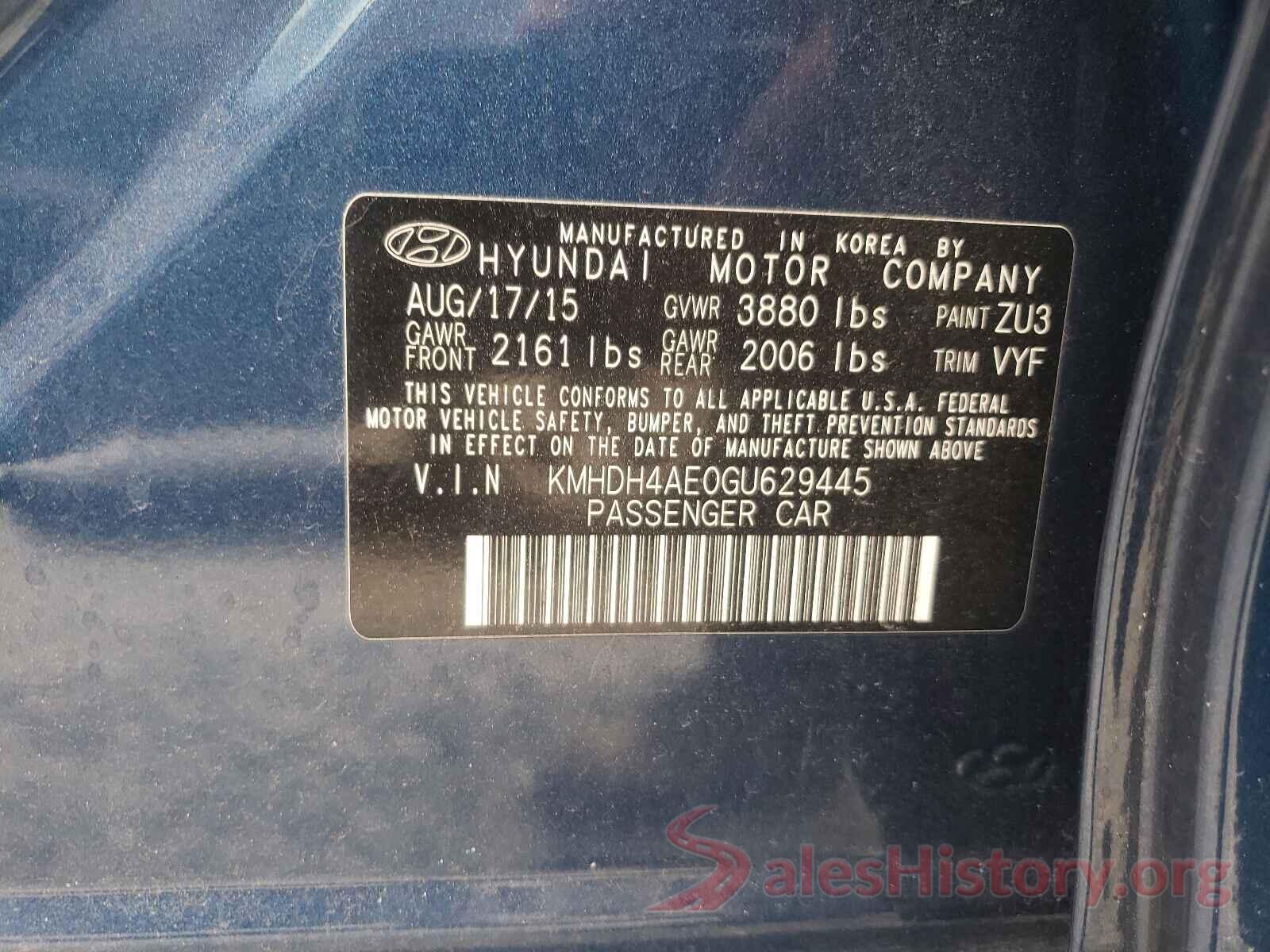 KMHDH4AE0GU629445 2016 HYUNDAI ELANTRA