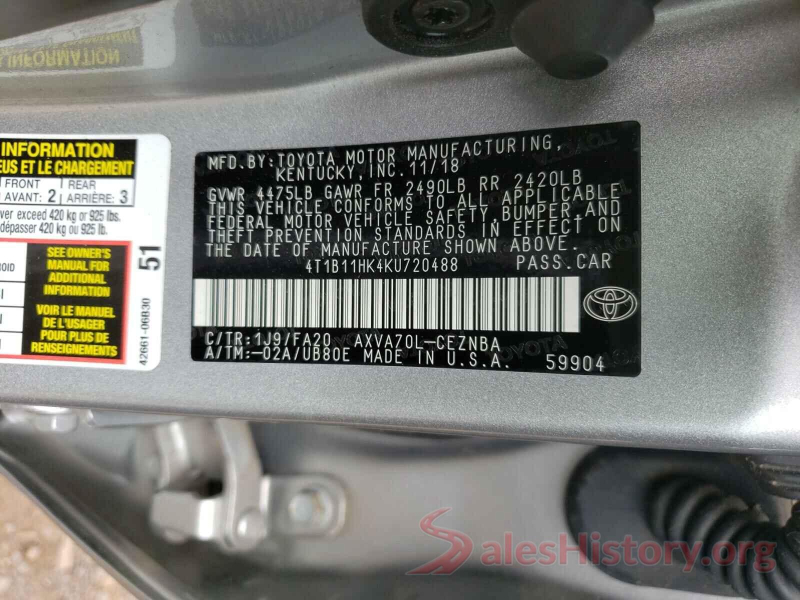 4T1B11HK4KU720488 2019 TOYOTA CAMRY