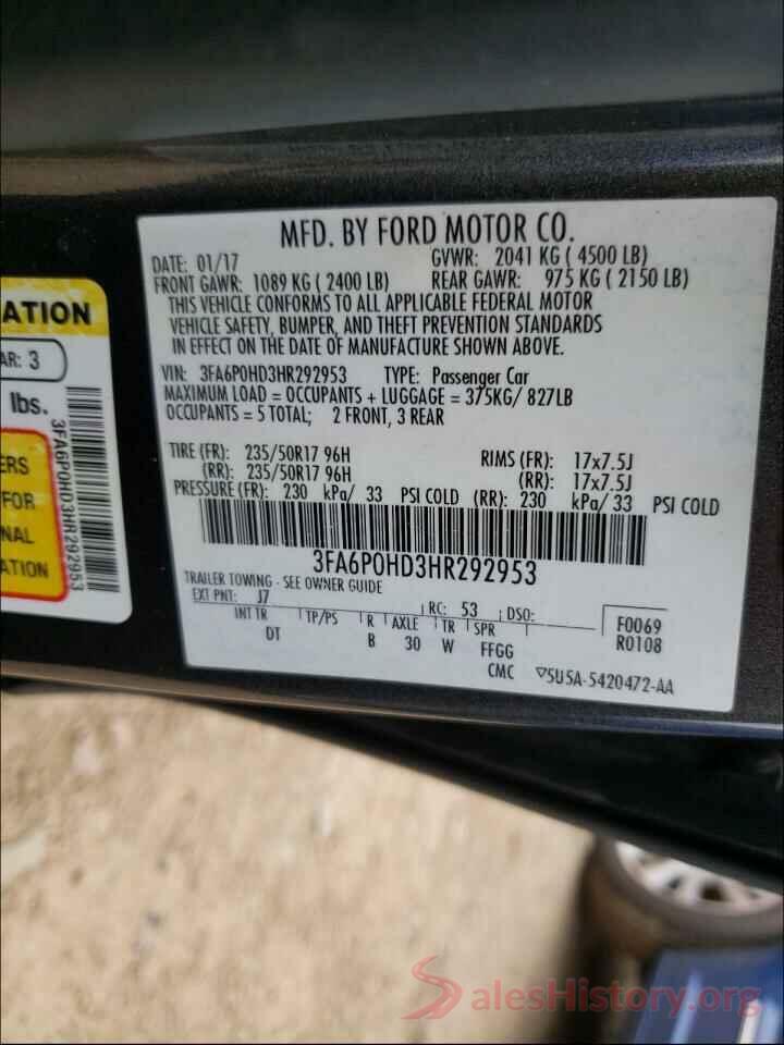 3FA6P0HD3HR292953 2017 FORD FUSION