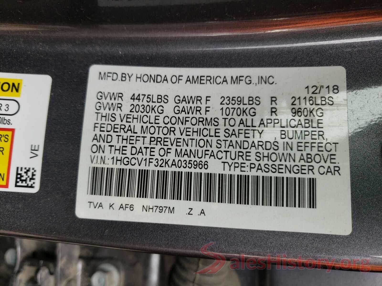 1HGCV1F32KA035966 2019 HONDA ACCORD