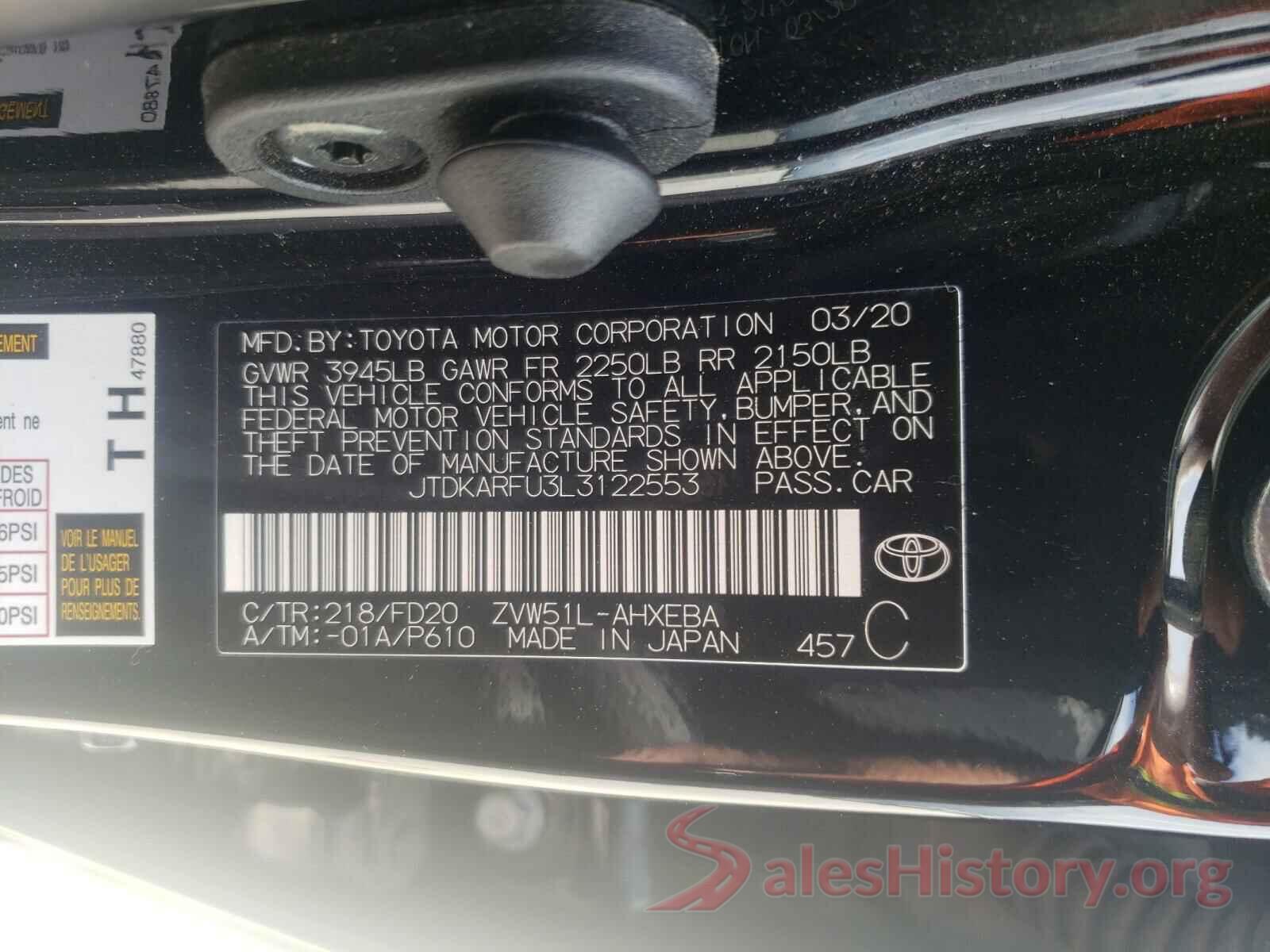 JTDKARFU3L3122553 2020 TOYOTA PRIUS