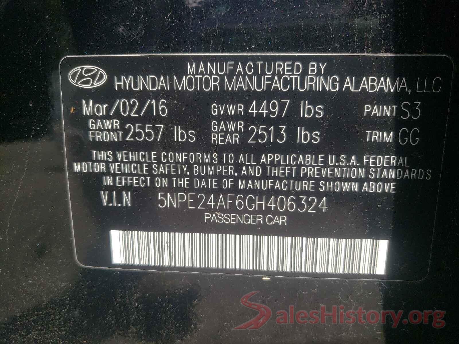 5NPE24AF6GH406324 2016 HYUNDAI SONATA