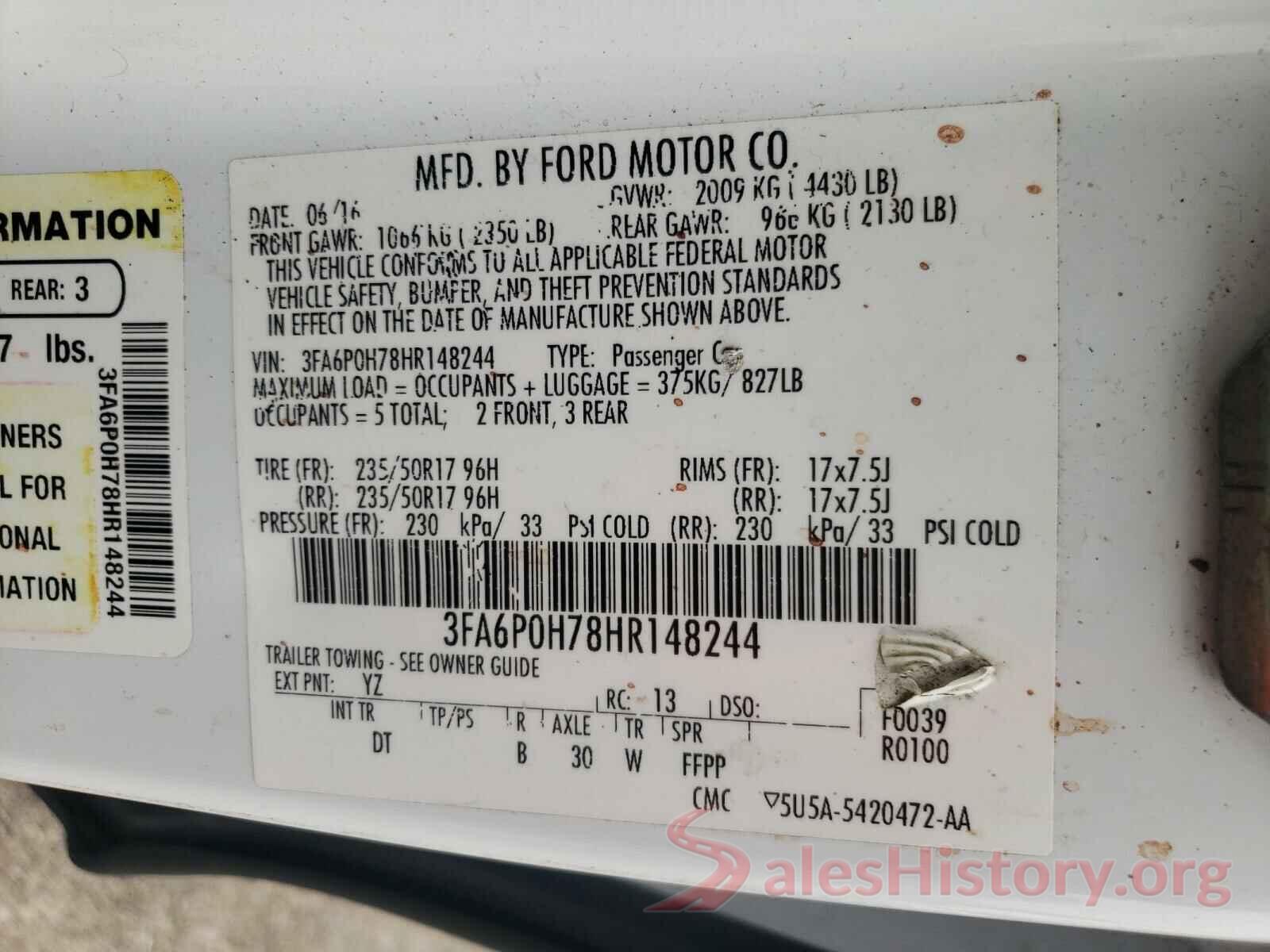 3FA6P0H78HR148244 2017 FORD FUSION