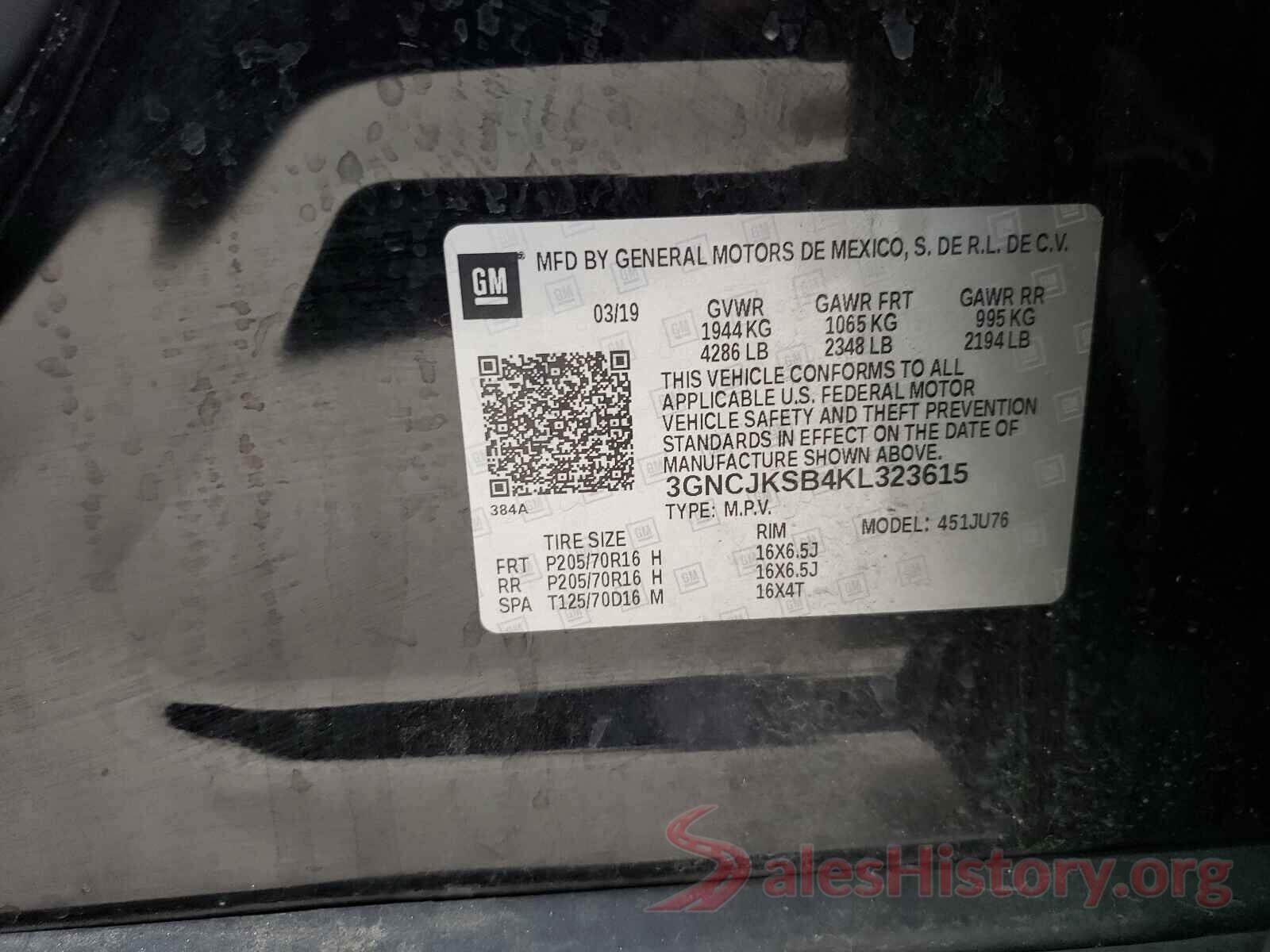 3GNCJKSB4KL323615 2019 CHEVROLET TRAX