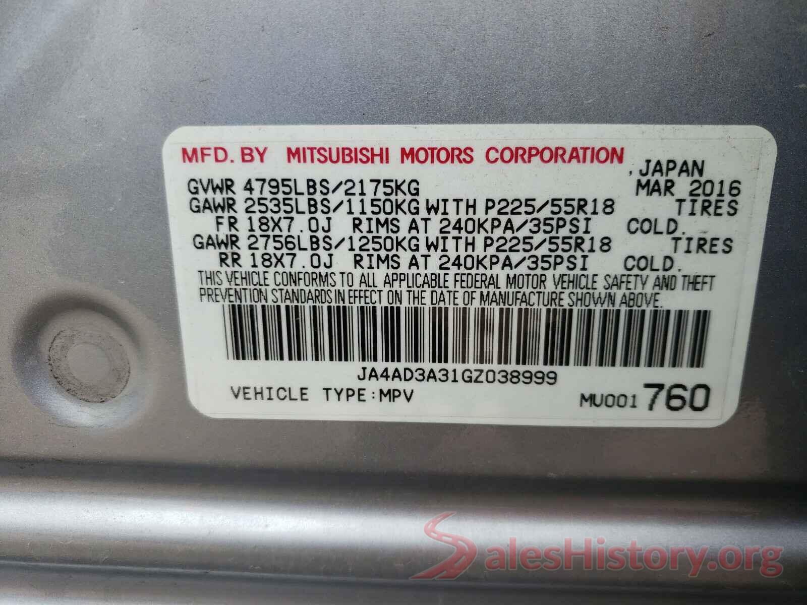 JA4AD3A31GZ038999 2016 MITSUBISHI OUTLANDER