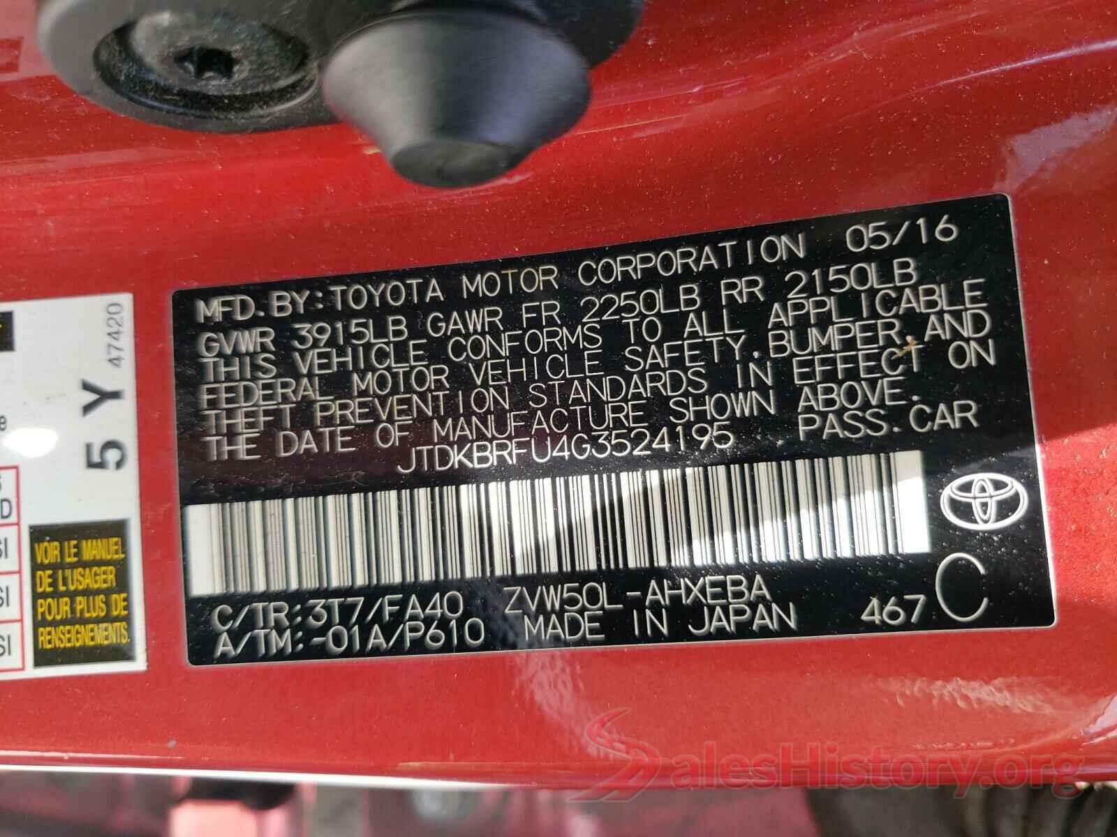 JTDKBRFU4G3524195 2016 TOYOTA PRIUS