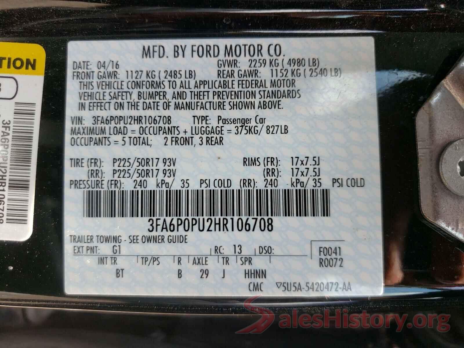 3FA6P0PU2HR106708 2017 FORD FUSION