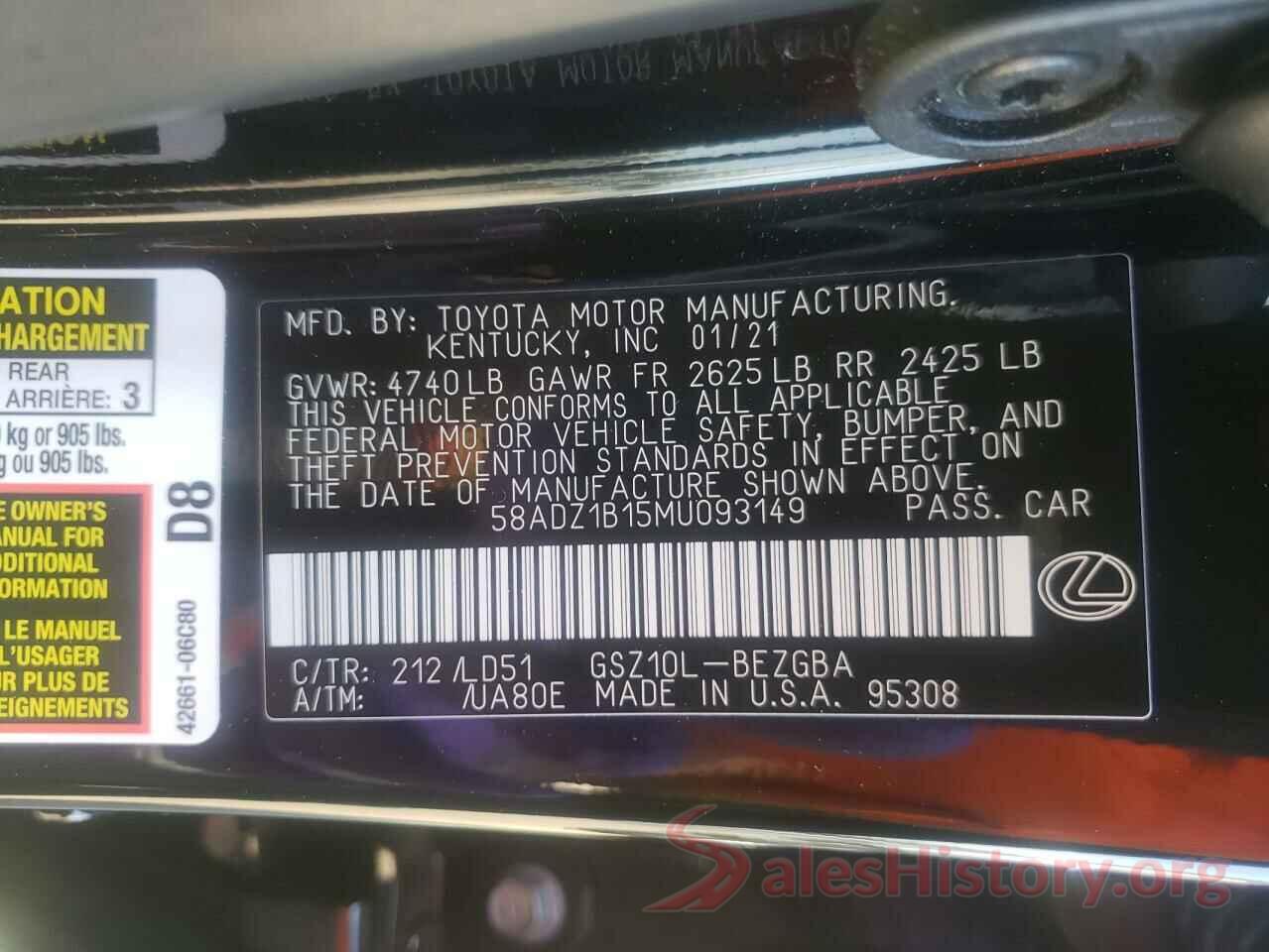 58ADZ1B15MU093149 2021 LEXUS ES350