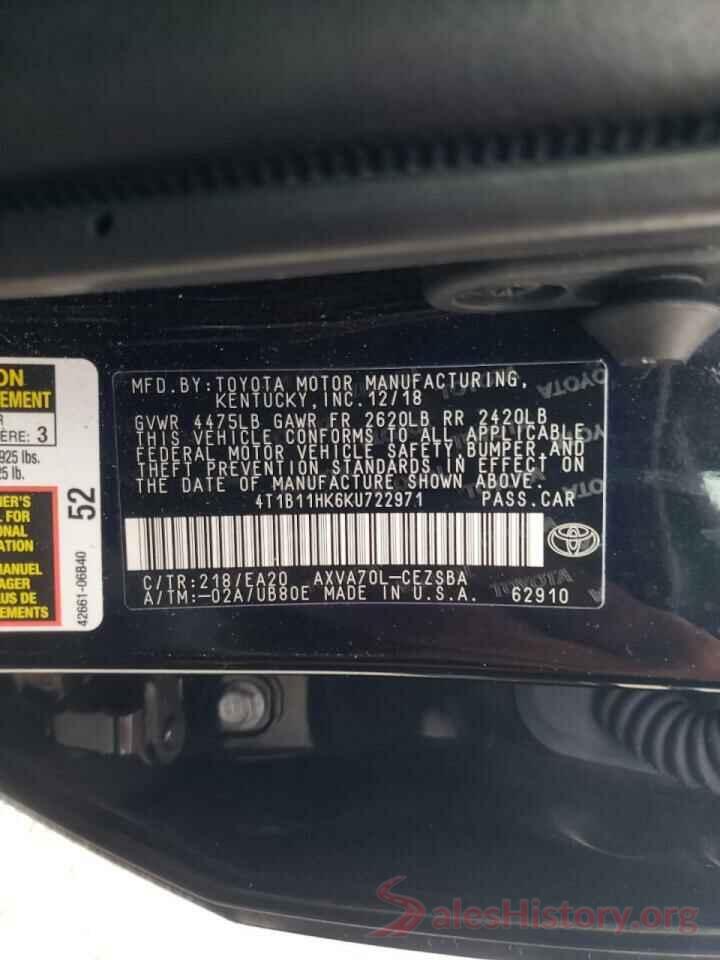 4T1B11HK6KU722971 2019 TOYOTA CAMRY