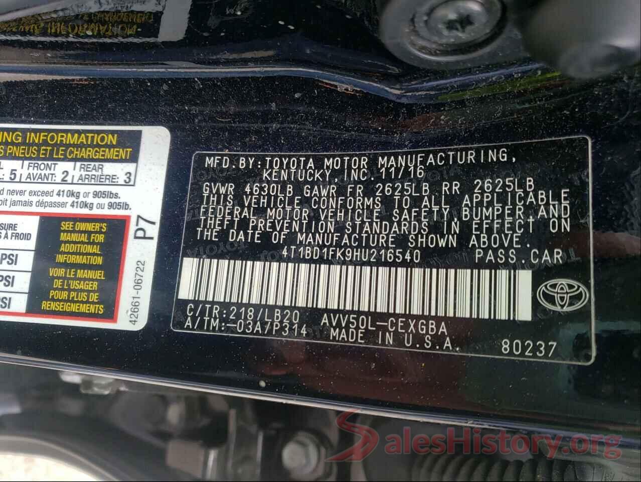 4T1BD1FK9HU216540 2017 TOYOTA CAMRY