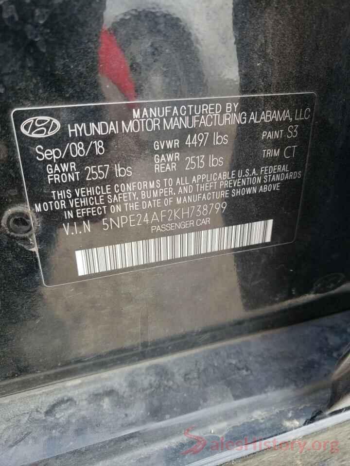 5NPE24AF2KH738799 2019 HYUNDAI SONATA