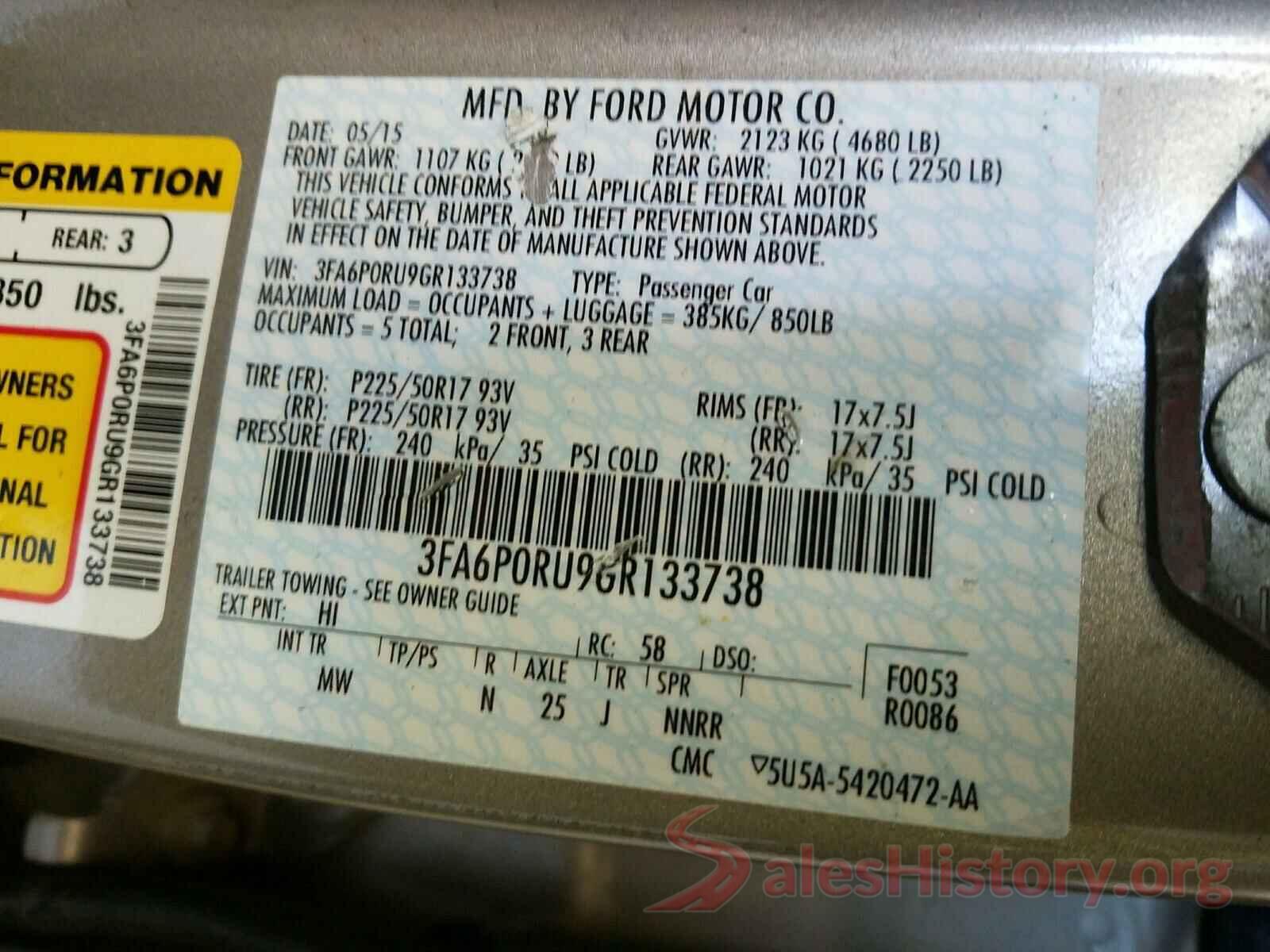 3FA6P0RU9GR133738 2016 FORD FUSION