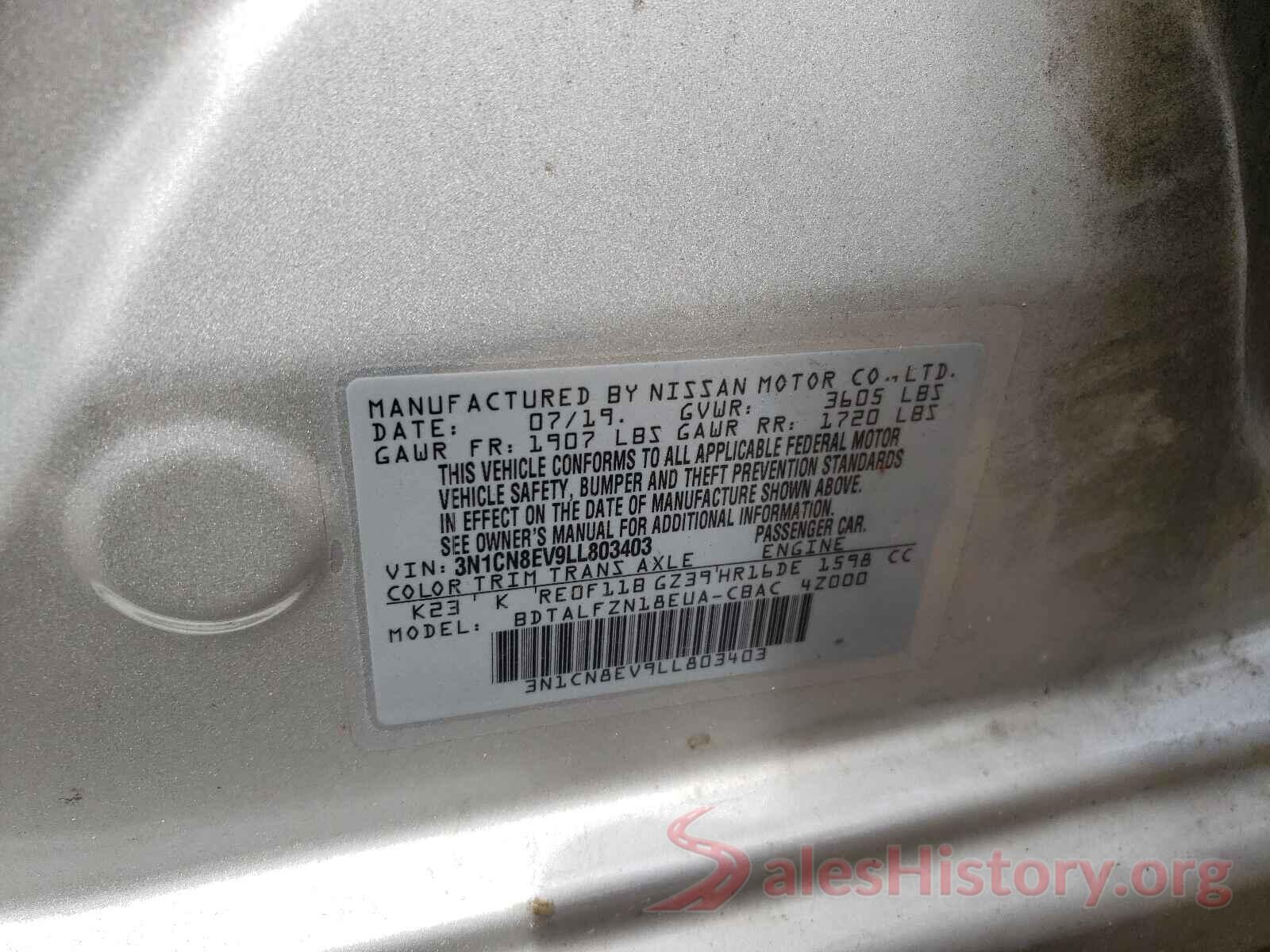 3N1CN8EV9LL803403 2020 NISSAN VERSA