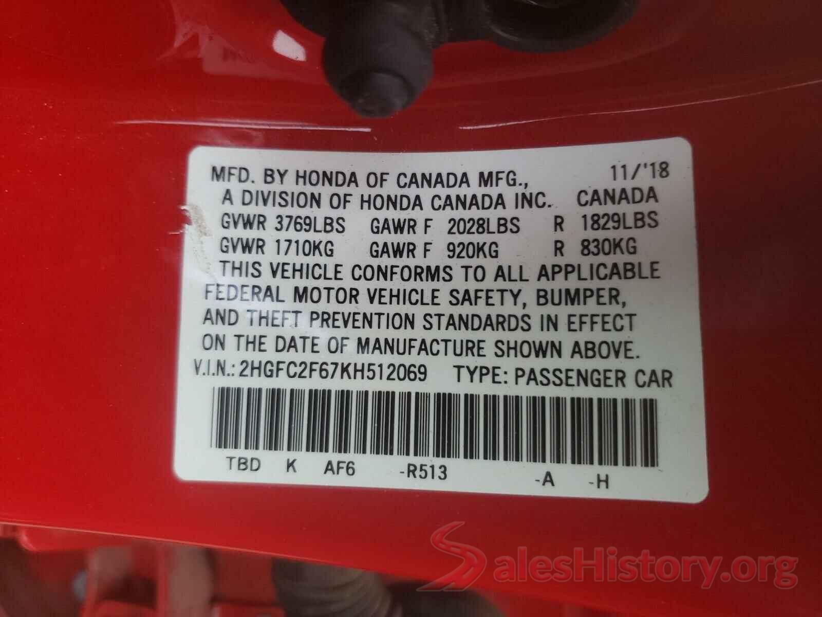 2HGFC2F67KH512069 2019 HONDA CIVIC