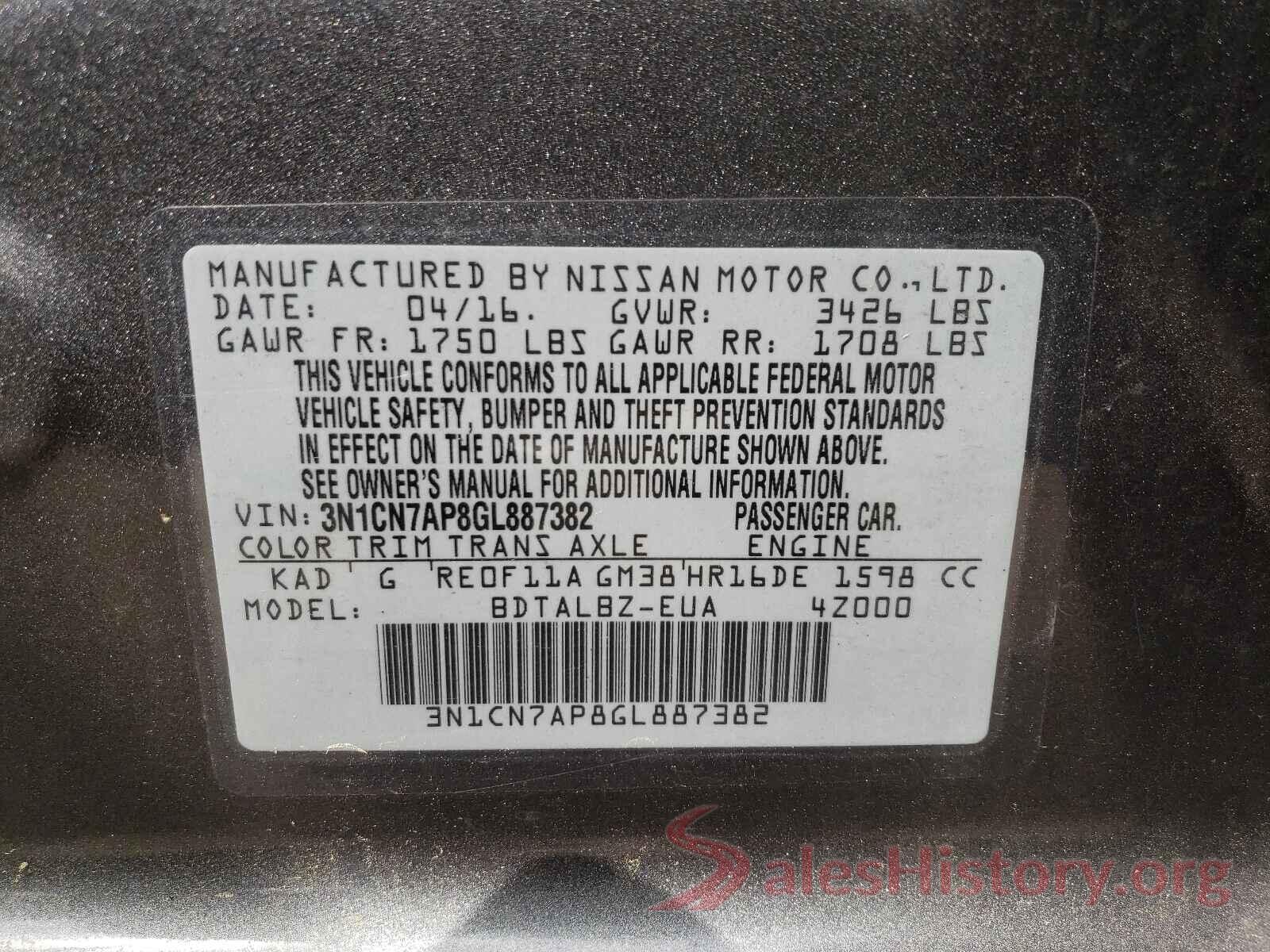 3N1CN7AP8GL887382 2016 NISSAN VERSA