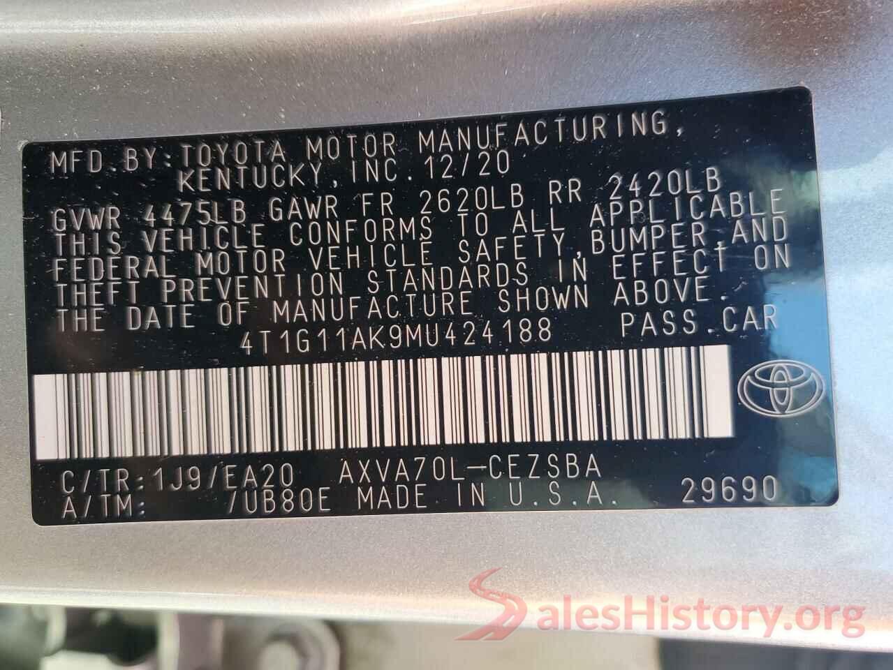 4T1G11AK9MU424188 2021 TOYOTA CAMRY