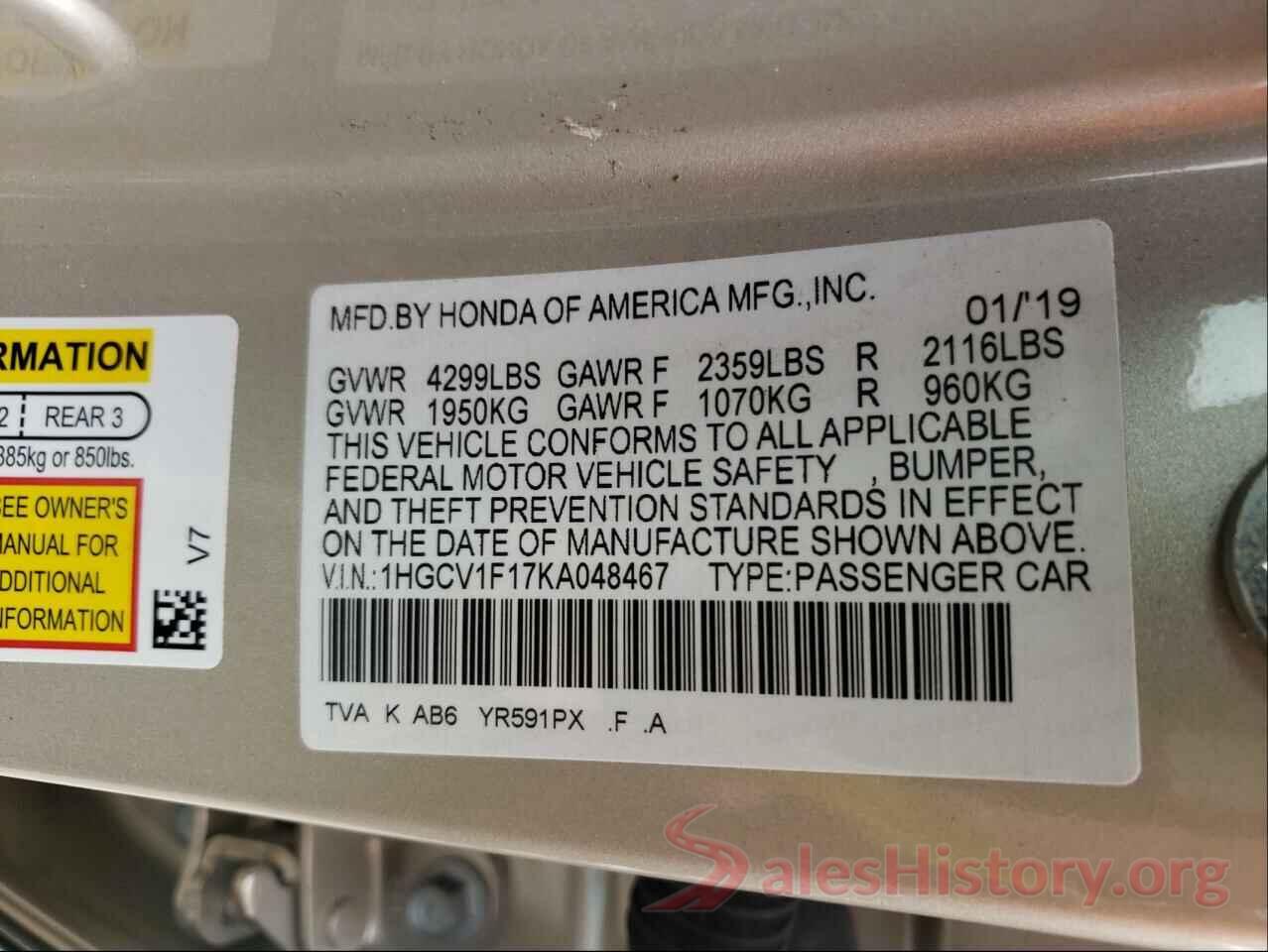 1HGCV1F17KA048467 2019 HONDA ACCORD