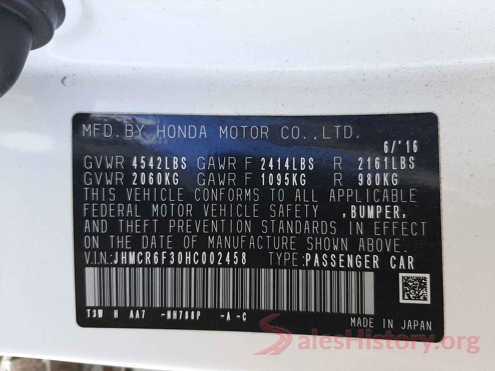 JHMCR6F30HC002458 2017 HONDA ACCORD