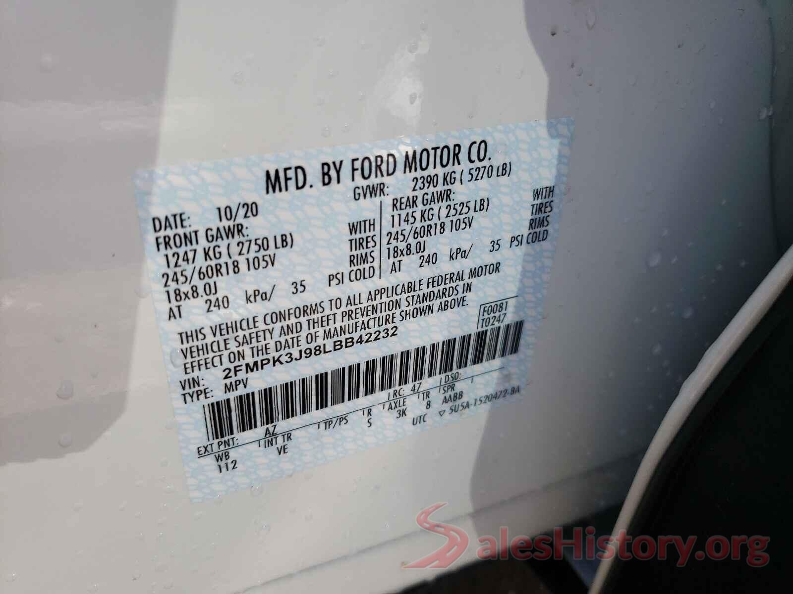 2FMPK3J98LBB42232 2020 FORD EDGE