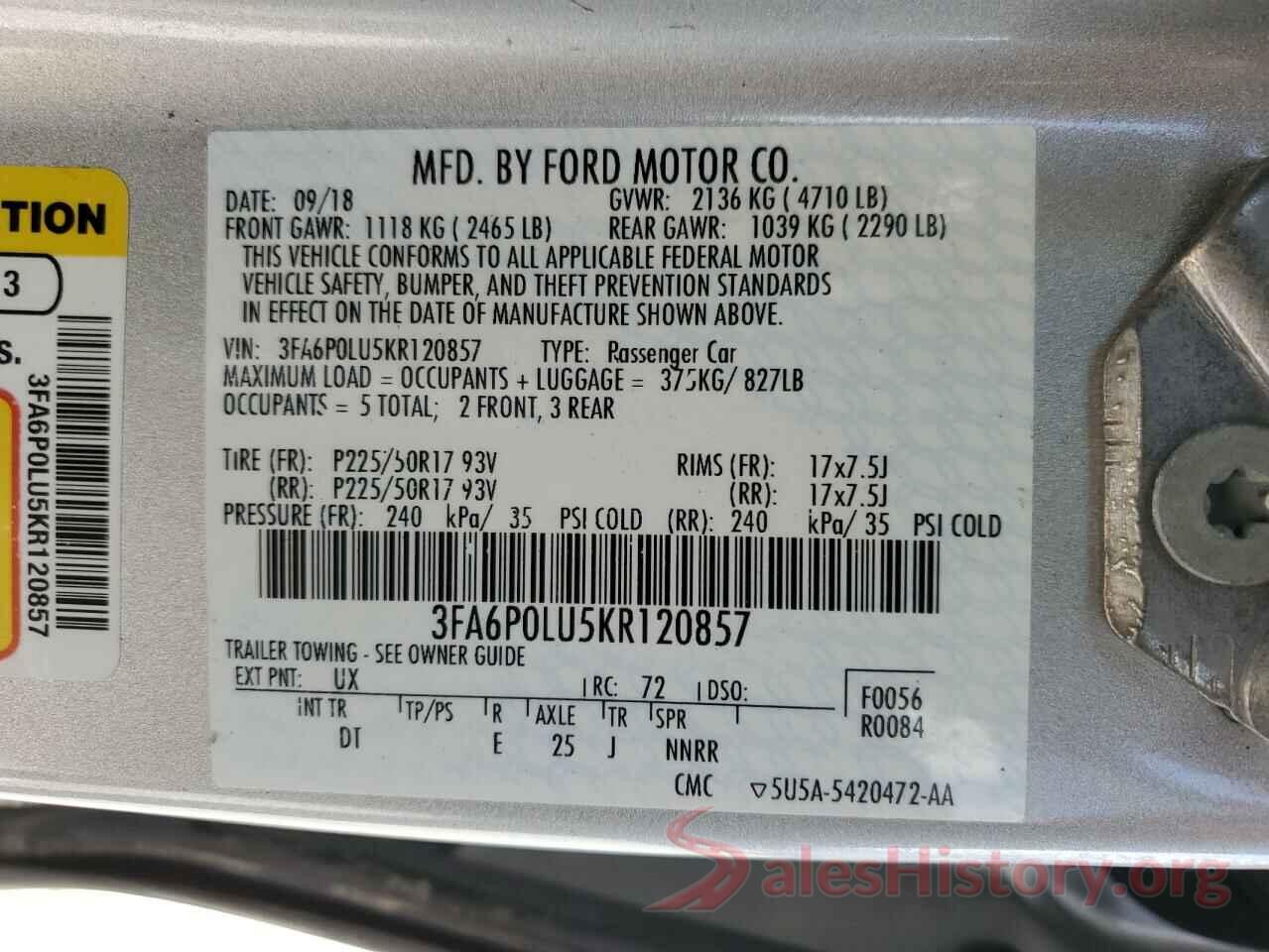 3FA6P0LU5KR120857 2019 FORD FUSION