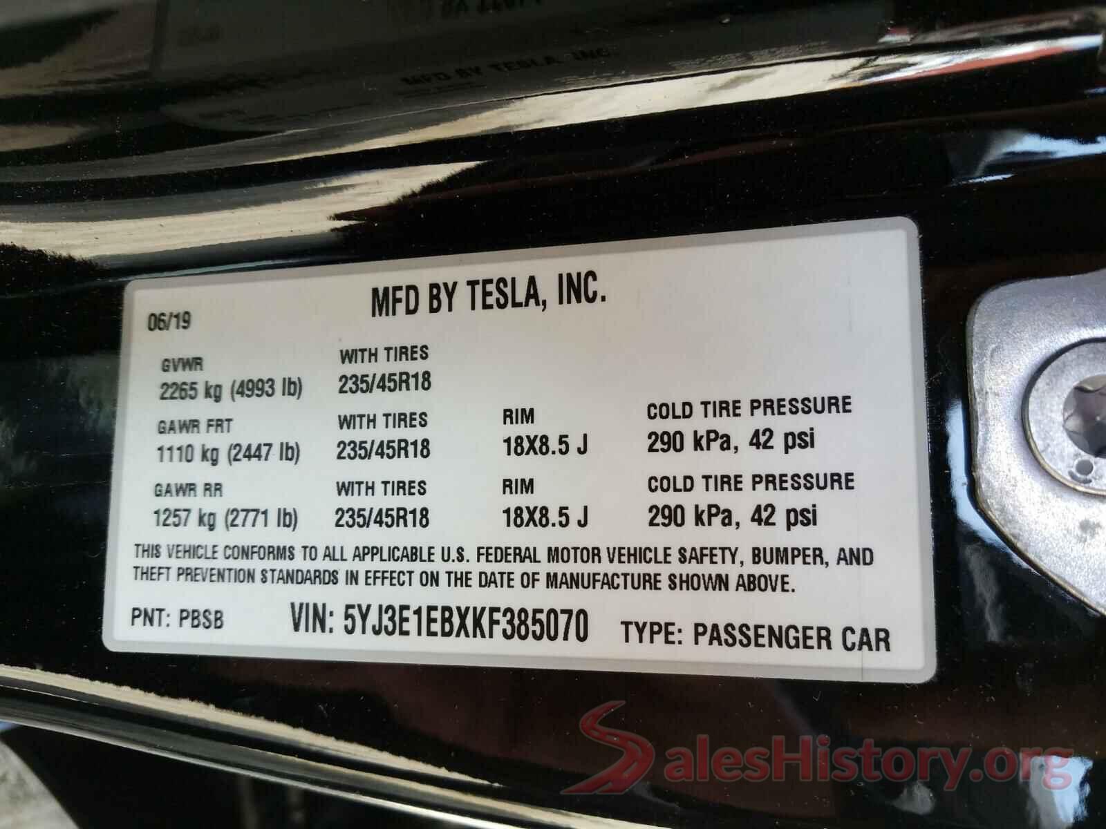 5YJ3E1EBXKF385070 2019 TESLA MODEL 3