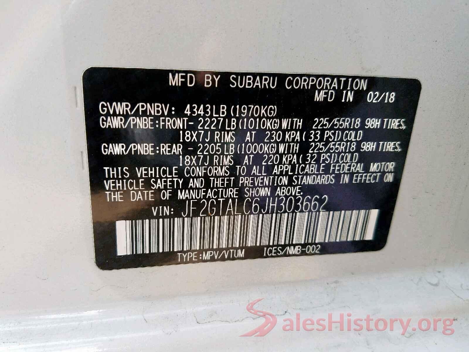 JF2GTALC6JH303662 2018 SUBARU CROSSTREK