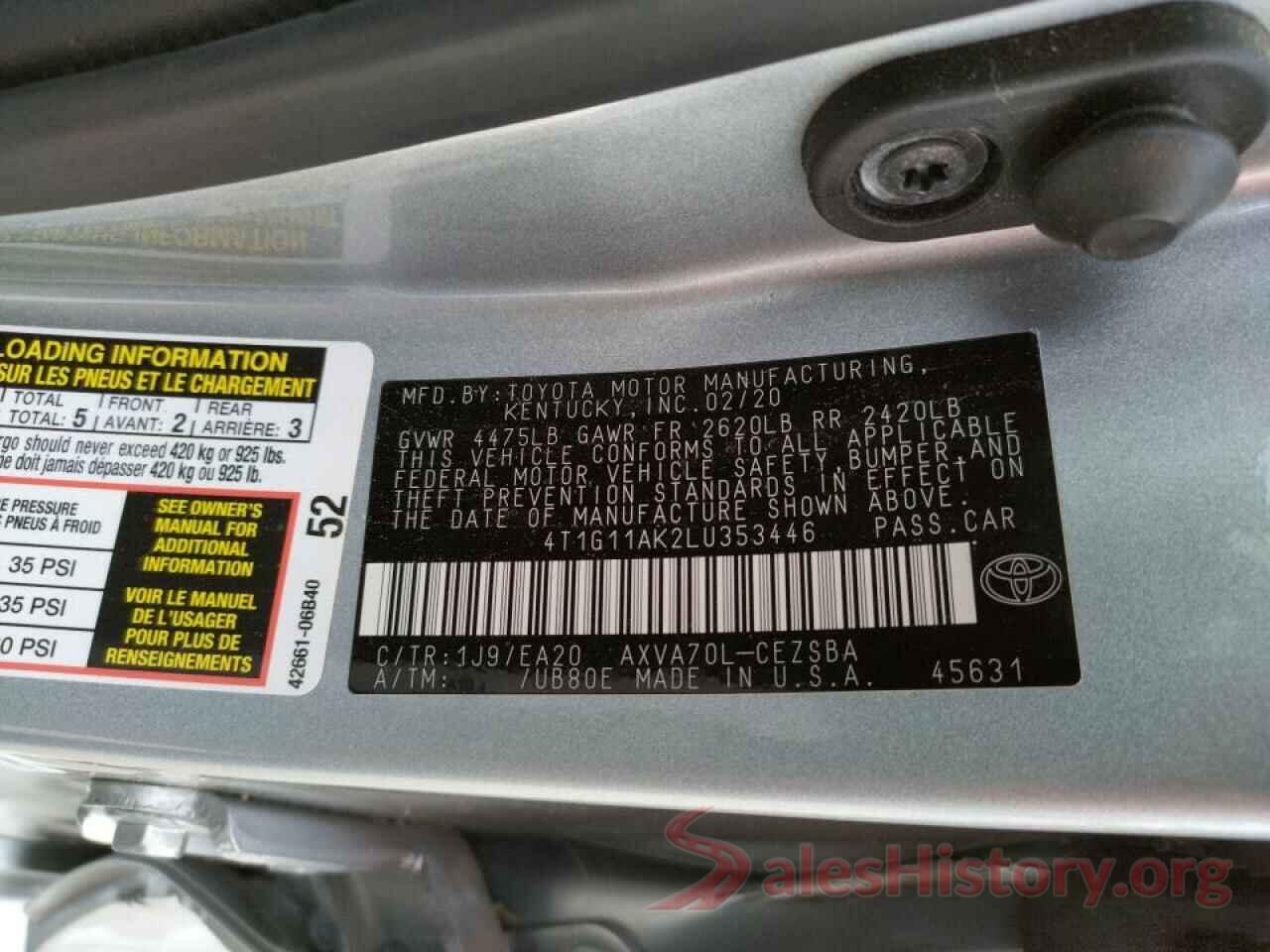 4T1G11AK2LU353446 2020 TOYOTA CAMRY